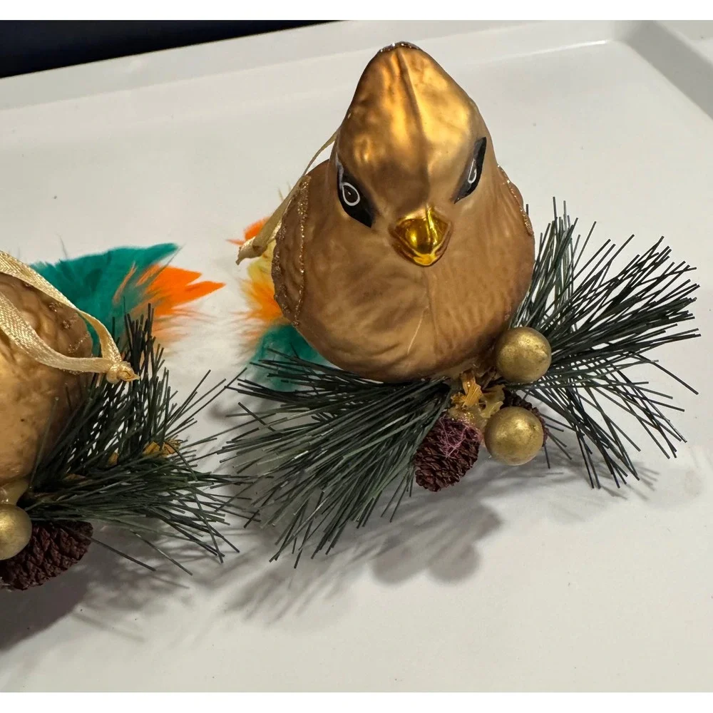 Vintage Style Gold Bird Christmas Ornaments Set of 3 Feather Tails Pine Accents